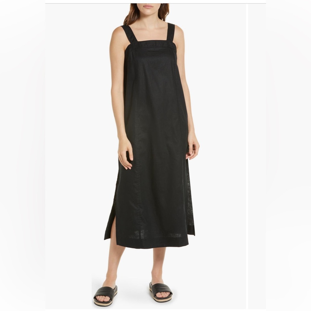Madewell Linen & Cotton Princess Seamed  Black Sleeveless Midi Sun Dress Medium
